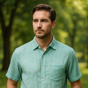 Tommy Bahama Light Teal 100% Linen Button-Up Shirt – Size Medium
